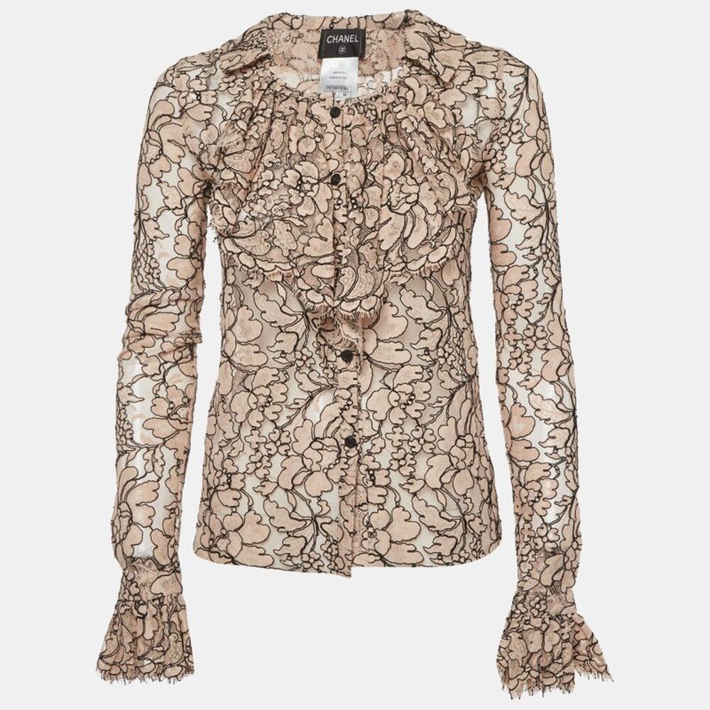 Chanel Beige Lace Ruffled Sheer Shirt S